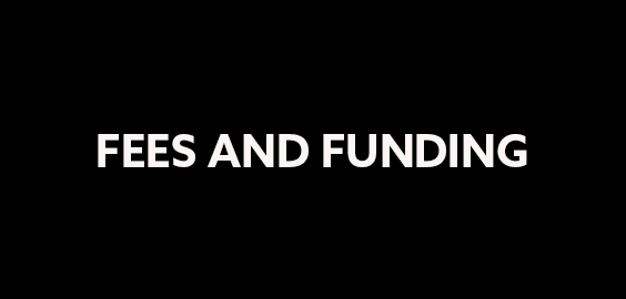 Black background white text says fees and funding 