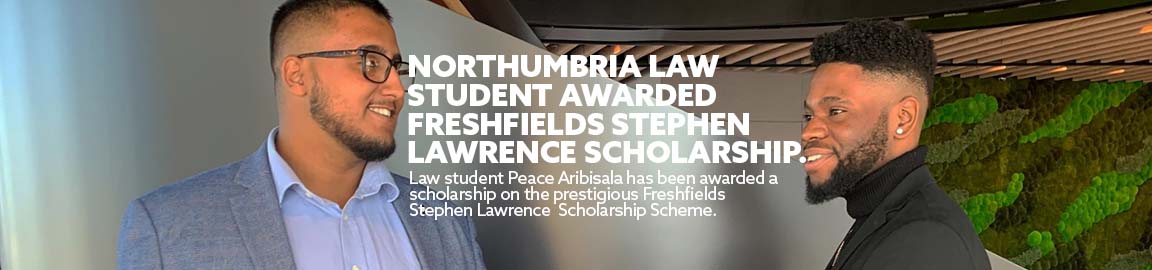 Two men shaking hands with text 'Northumbria Law student awarded Freshfields Stephen Lawrence Scholarship'