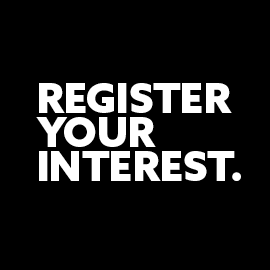 Black background, white text says register your interest