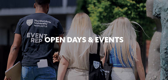 Students at an open day with text saying open days and events