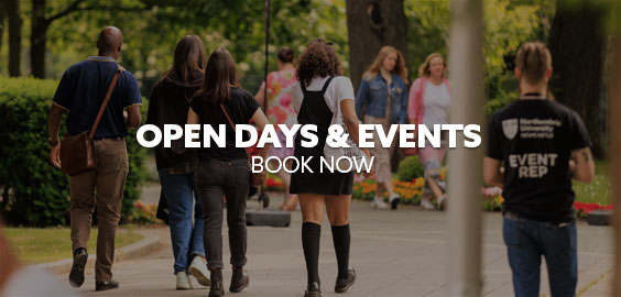 Students at an open day with text saying open days and events