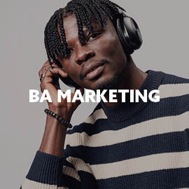 Student with text saying BA Marketing