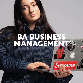 Student with text saying BA Business Management