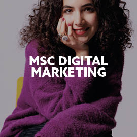 Student smiling with text saying MSC Digital Marketing