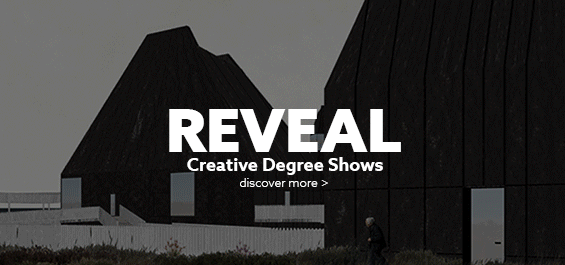 white animated text on black background advertising the reveal degree show
