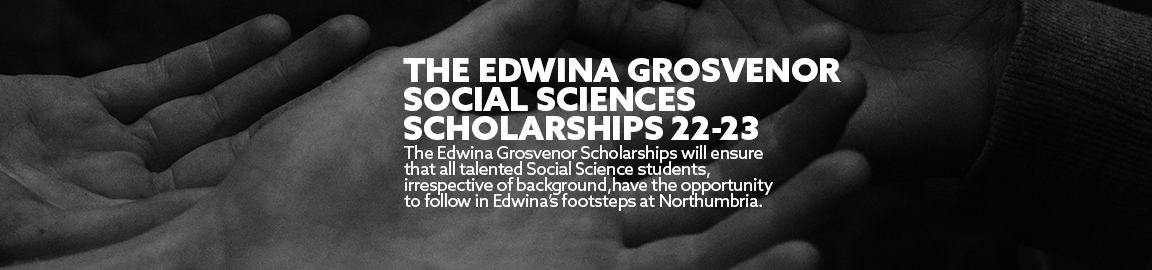 Title: The Edwina Grosvenor Social Sciences Scholarships 22-23  Background: Black & White image of three hands