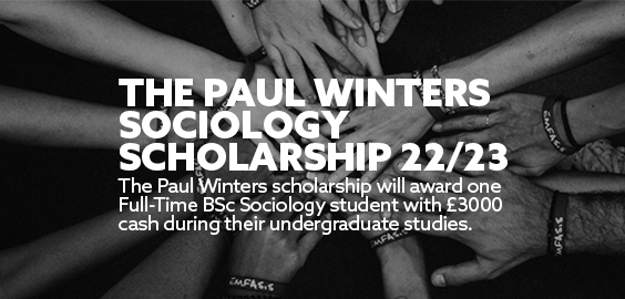 Title: The Paul Winters Sociology Scholarship 22/23 Background: Several hands touching together in a circle formation