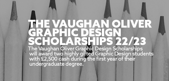Title: The Vaughan Oliver Graphic Design Scholarships 22/23 Background: A black and white image of various colour pencils