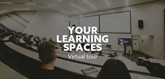 Northumbria lecture theatre with text "Your learning spaces, virtual tour"
