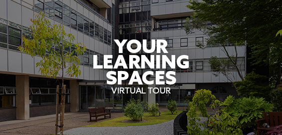 Northumbria campus with "Your Learning Spaces, Virtual Tour" text over image