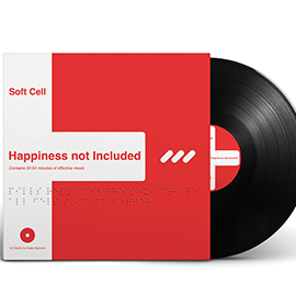 Red vinyl case and vinyl with the words "soft cell, happiness not included"