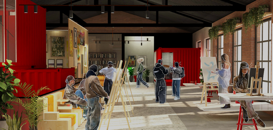 A digital architectural rendering of an open-plan art studio with people painting on easels, featuring red partition walls, exposed brick, black steel roof trusses, and large windows letting in natural light.